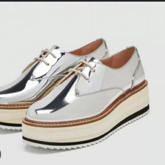 Zara Silver Platform Oxford Shoes Size 8 - Picture 1 of 7